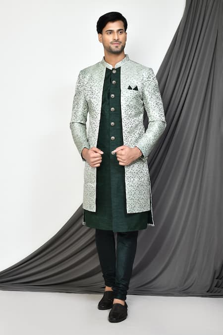 Arihant Rai Sinha Green Silk Woven Blossomy Jacquard Layered Sherwani