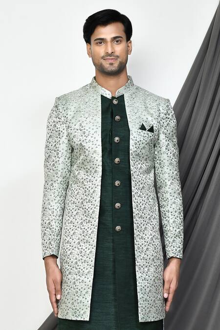 Arihant Rai Sinha Green Silk, Jacquard Embroidery Blossomy Layered Sherwani Online at Aza Fashions Arihant Rai Sinha_Green Silk, Jacquard Embroidery Blossomy Layered Sherwani _Online_at_Aza_Fashions