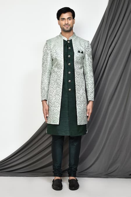 Buy_Arihant Rai Sinha_Green Silk, Jacquard Embroidery Blossomy Layered Sherwani _Online_at_Aza_Fashions