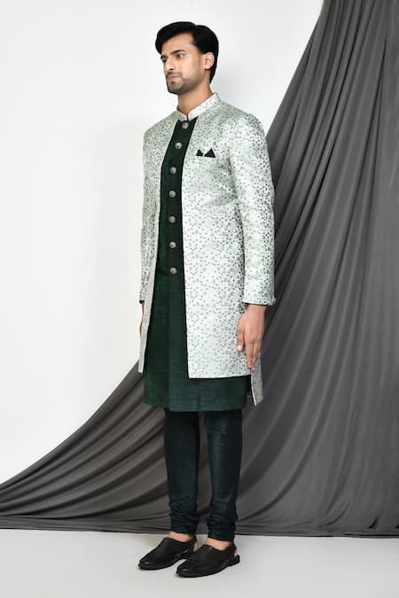 Shop Arihant Rai Sinha Green Silk, Jacquard Embroidery Blossomy Layered Sherwani Online at Aza Fashions Shop_Arihant Rai Sinha_Green Silk, Jacquard Embroidery Blossomy Layered Sherwani _Online_at_Aza_Fashions