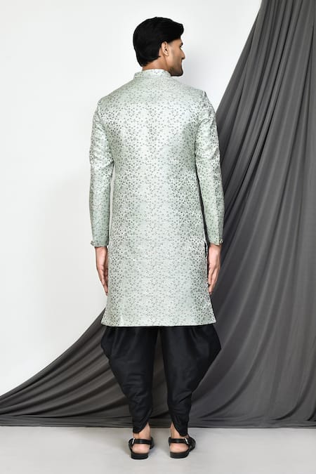 Shop_Arihant Rai Sinha_Green Silk, Jacquard, Cotton Embroidery Bloomy Layered Sherwani With Dhoti Pant _at_Aza_Fashions