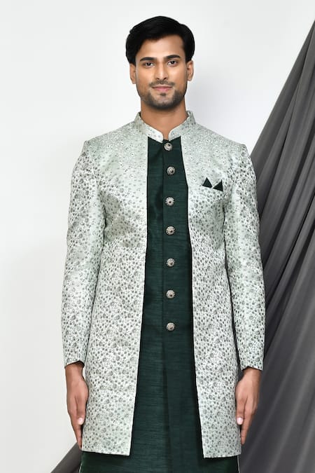 Buy Arihant Rai Sinha Green Silk, Jacquard, Cotton Embroidery Bloomy Layered Sherwani With Dhoti Pant Online at Aza Fashions Buy_Arihant Rai Sinha_Green Silk, Jacquard, Cotton Embroidery Bloomy Layered Sherwani With Dhoti Pant _Online_at_Aza_Fashions