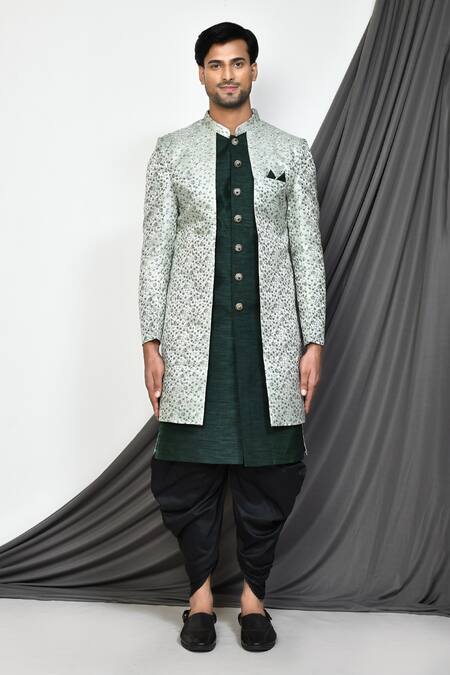 Shop_Arihant Rai Sinha_Green Silk, Jacquard, Cotton Embroidery Bloomy Layered Sherwani With Dhoti Pant _Online_at_Aza_Fashions