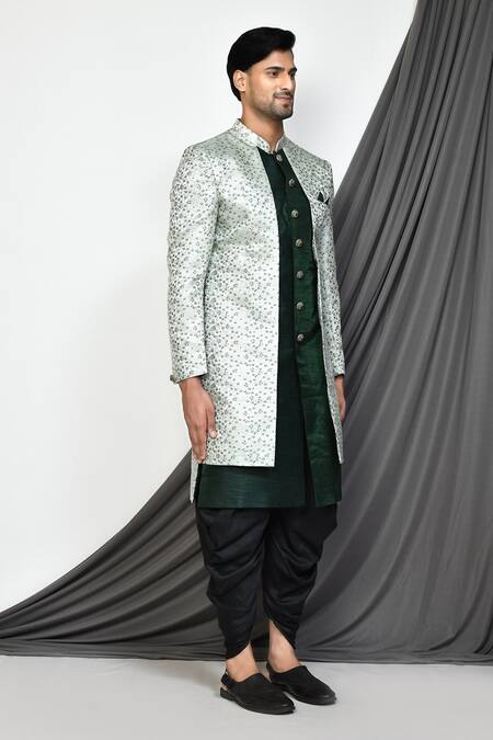 Arihant Rai Sinha_Green Silk, Jacquard, Cotton Embroidery Bloomy Layered Sherwani With Dhoti Pant _at_Aza_Fashions