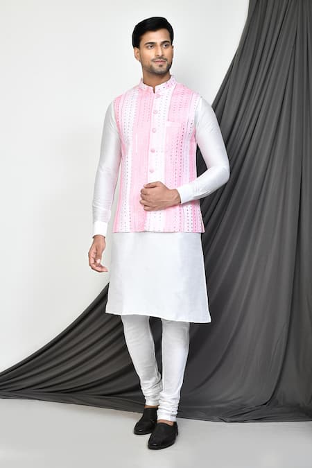 Arihant Rai Sinha Pink Silk Embroidery Mirror Tikki Maze Nehru Jacket Kurta Set 