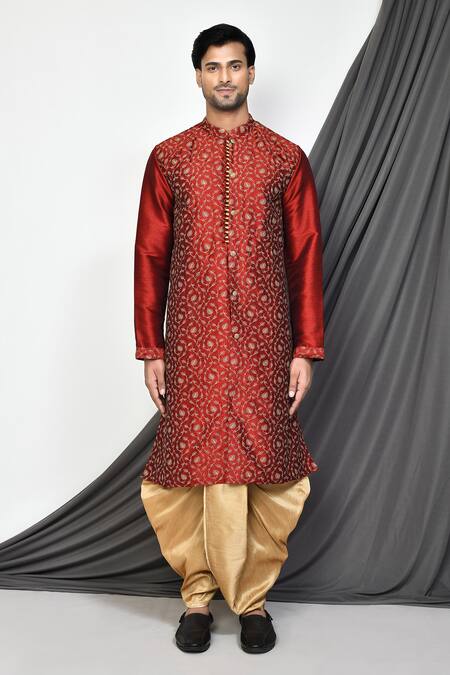 Shop_Arihant Rai Sinha_Maroon Silk Embroidery Gardenia Kurta With Dhoti Pant _Online_at_Aza_Fashions