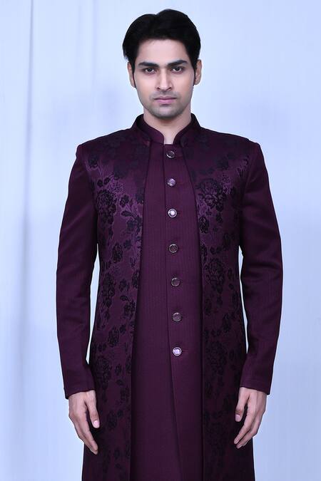 Buy_Arihant Rai Sinha_Wine Terrycloth Embroidery Textured Floral Print Set _Online_at_Aza_Fashions