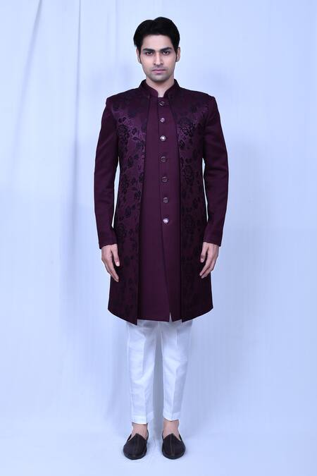 Shop_Arihant Rai Sinha_Wine Terrycloth Embroidery Textured Floral Print Set _Online_at_Aza_Fashions