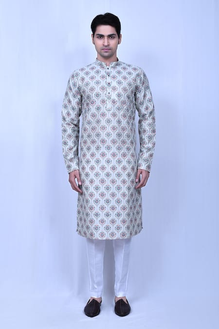Buy_Arihant Rai Sinha_Green Silk, Cotton Embroidery Mughal Pattern Kurta And Pant Set_Online_at_Aza_Fashions