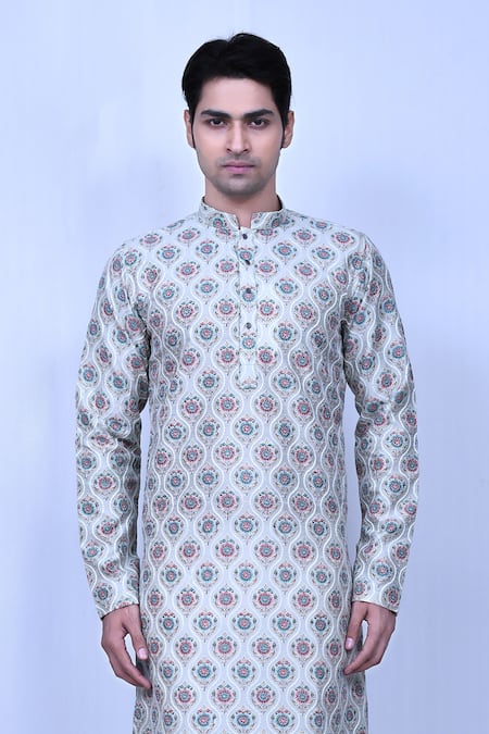 Shop_Arihant Rai Sinha_Green Silk, Cotton Embroidery Mughal Pattern Kurta And Pant Set_Online_at_Aza_Fashions