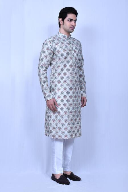 Arihant Rai Sinha_Green Silk, Cotton Embroidery Mughal Pattern Kurta And Pant Set_at_Aza_Fashions