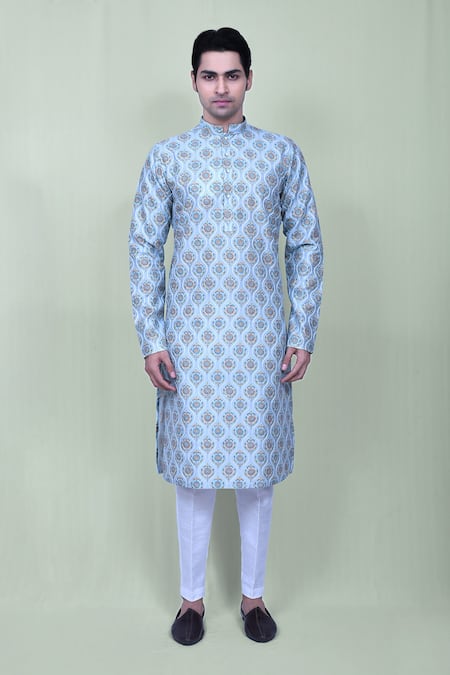 Buy_Arihant Rai Sinha_Blue Silk Embroidery Mughal Floral Kurta And Pant Set_Online_at_Aza_Fashions