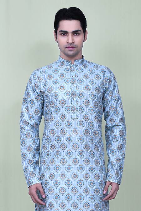 Shop Arihant Rai Sinha Blue Silk Embroidery Mughal Floral Kurta And Pant Set Online at Aza Fashions Shop_Arihant Rai Sinha_Blue Silk Embroidery Mughal Floral Kurta And Pant Set_Online_at_Aza_Fashions