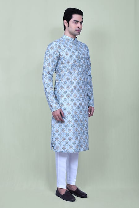 Arihant Rai Sinha_Blue Silk Embroidery Mughal Floral Kurta And Pant Set_at_Aza_Fashions