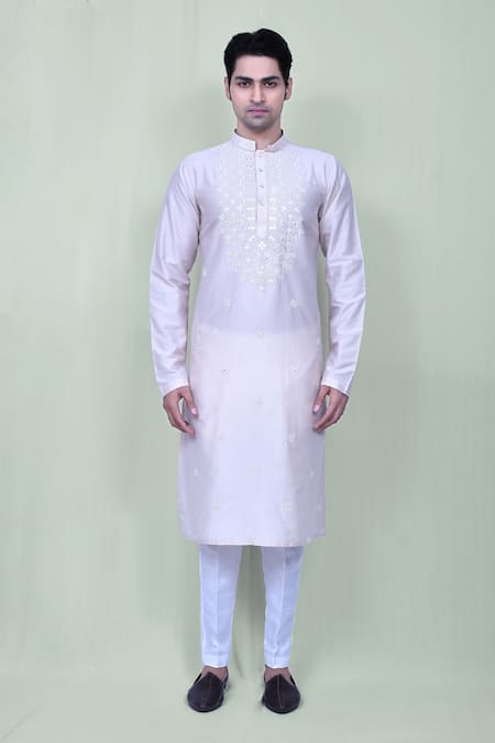 Buy_Arihant Rai Sinha_Cream Cotton, Silk Embroidery Thread Kurta And Pant Set _Online_at_Aza_Fashions