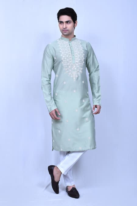 Aryavir Malhotra Green Kurta Cotton Silk Embroidered Thread Work Band Collar And Pant Set