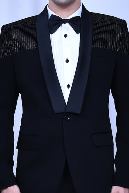 Buy_Arihant Rai Sinha_Black Terrycloth, Satin Sequins Embroidered Tuxedo Pant Set_Online_at_Aza_Fashions