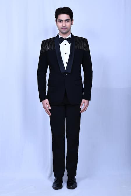 Shop_Arihant Rai Sinha_Black Terrycloth, Satin Sequins Embroidered Tuxedo Pant Set_Online_at_Aza_Fashions