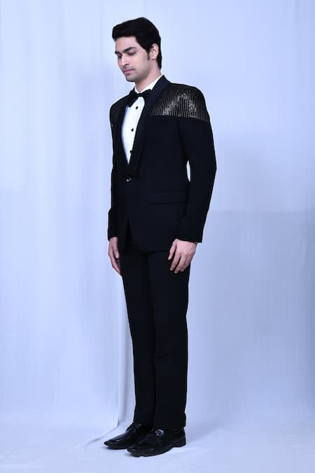 Arihant Rai Sinha_Black Terrycloth, Satin Sequins Embroidered Tuxedo Pant Set_at_Aza_Fashions