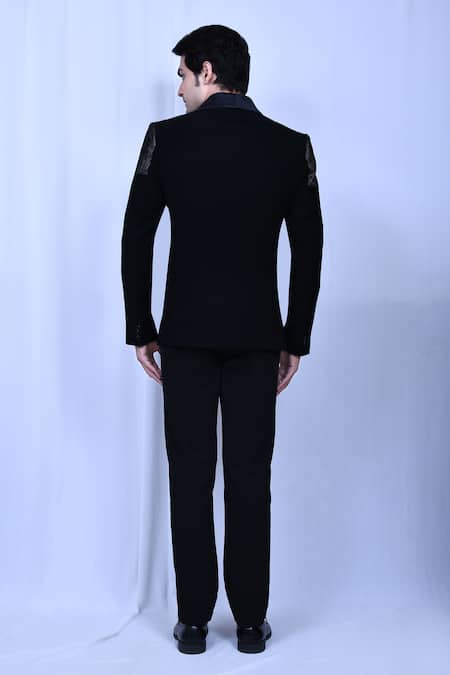 Shop_Arihant Rai Sinha_White Satin, Terrycloth Sequins Black Embroidered Tuxedo Set _at_Aza_Fashions