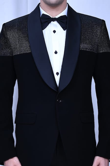 Arihant Rai Sinha_White Satin, Terrycloth Sequins Black Embroidered Tuxedo Set _Online_at_Aza_Fashions