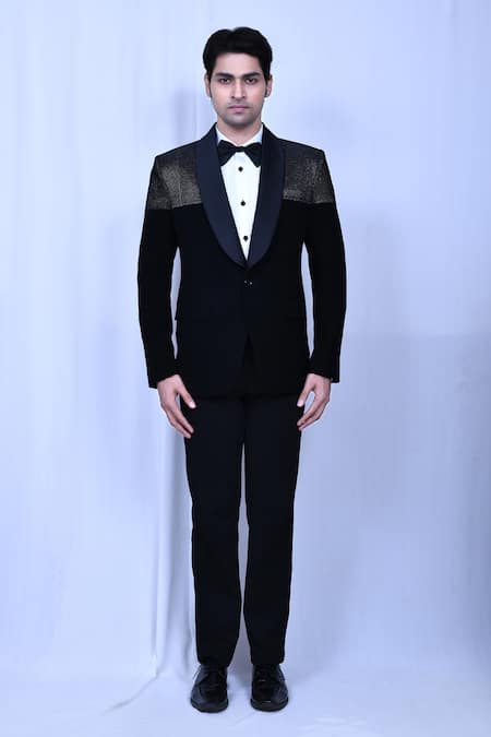 Buy_Arihant Rai Sinha_White Satin, Terrycloth Sequins Black Embroidered Tuxedo Set _Online_at_Aza_Fashions