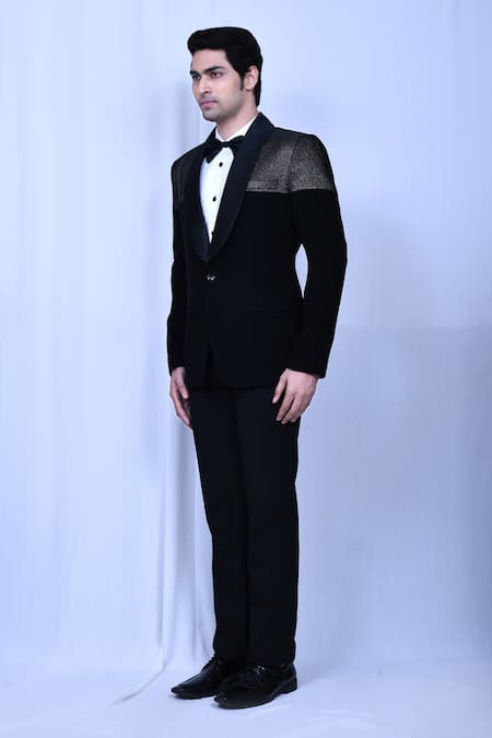 Shop_Arihant Rai Sinha_White Satin, Terrycloth Sequins Black Embroidered Tuxedo Set _Online_at_Aza_Fashions