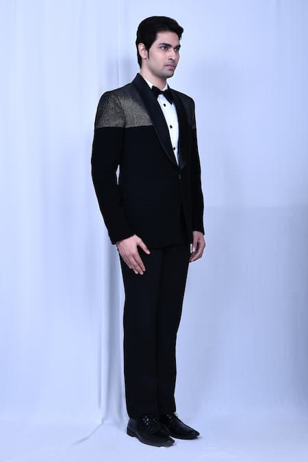 Arihant Rai Sinha_White Satin, Terrycloth Sequins Black Embroidered Tuxedo Set _at_Aza_Fashions