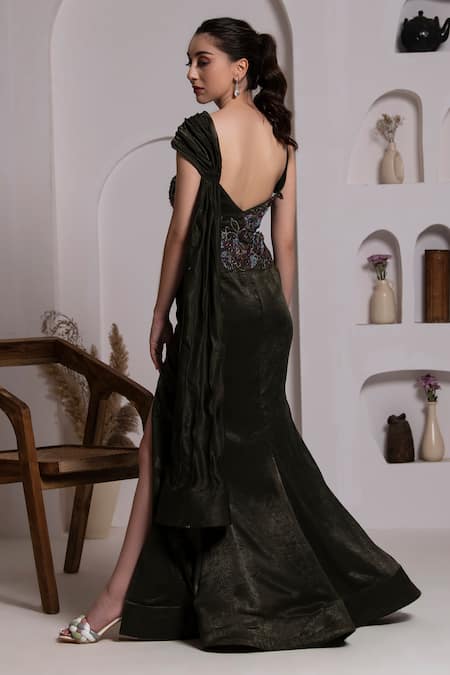 Shop_Baya_Black Georgette, Viscose Crystals, Sequins Embroidered High Slit Draped Gown _at_Aza_Fashions