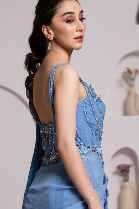 Shop_Baya_Blue Chiffon, Organza Sequin Embroidered Yoke Saree Gown _at_Aza_Fashions