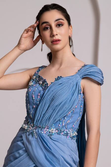 Baya_Blue Chiffon, Organza Sequin Embroidered Yoke Saree Gown _Online_at_Aza_Fashions