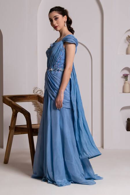 Buy_Baya_Blue Chiffon, Organza Sequin Embroidered Yoke Saree Gown _Online_at_Aza_Fashions