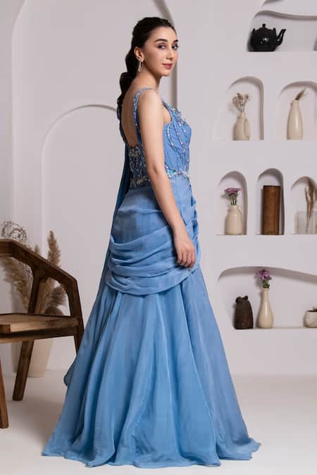 Shop_Baya_Blue Chiffon, Organza Sequin Embroidered Yoke Saree Gown _Online_at_Aza_Fashions