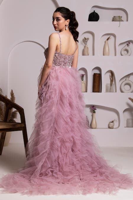 Shop_Baya_Purple Net, Viscose Pearls, Crystals Embroidered High Slit Ruffle Gown _at_Aza_Fashions