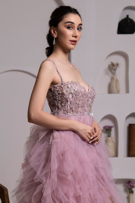 Baya_Purple Net, Viscose Pearls, Crystals Embroidered High Slit Ruffle Gown _Online_at_Aza_Fashions