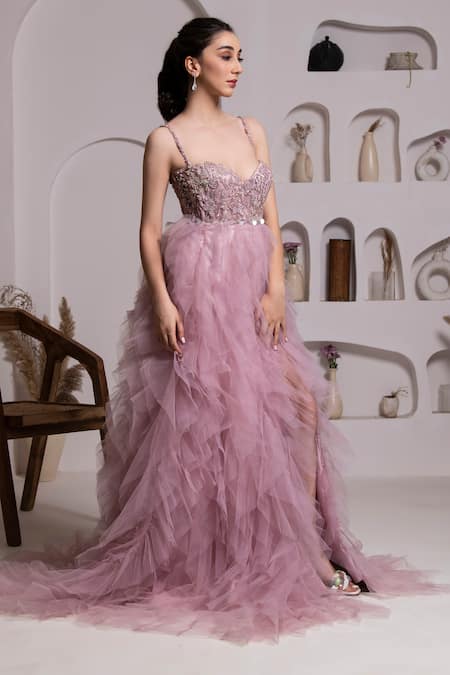 Buy_Baya_Purple Net, Viscose Pearls, Crystals Embroidered High Slit Ruffle Gown _Online_at_Aza_Fashions
