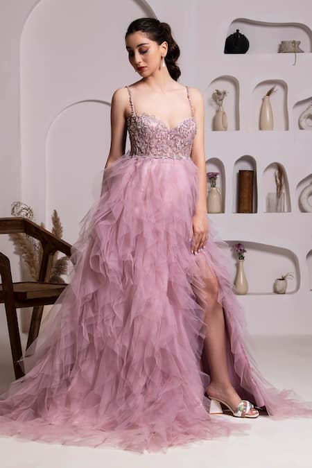 Shop_Baya_Purple Net, Viscose Pearls, Crystals Embroidered High Slit Ruffle Gown _Online_at_Aza_Fashions