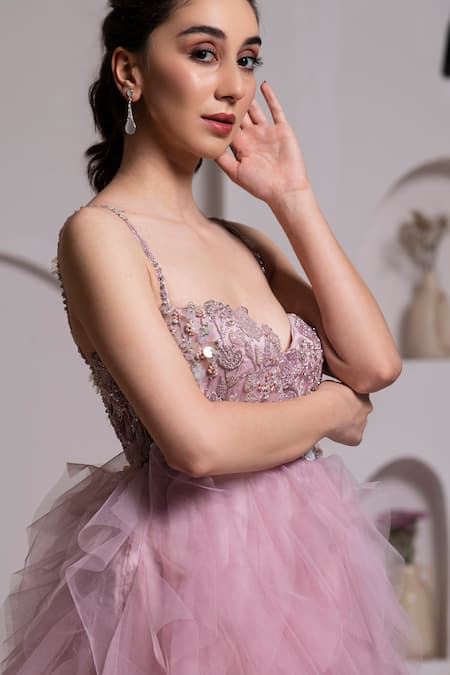 Baya_Purple Net, Viscose Pearls, Crystals Embroidered High Slit Ruffle Gown _at_Aza_Fashions