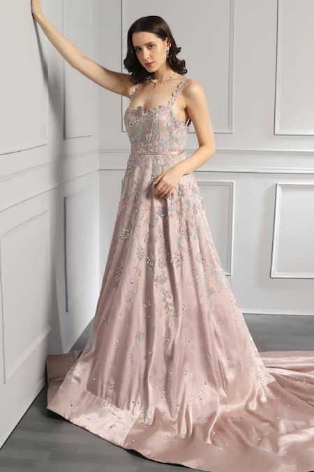 Baya_Beige Satin, Viscose Crystals, Pearls, Cut Dana Floral Embroidered Trail Gown _Online_at_Aza_Fashions