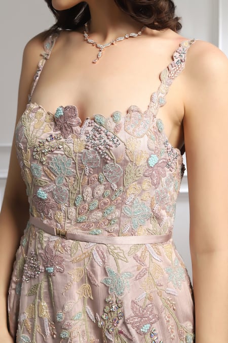 Shop_Baya_Beige Satin, Viscose Crystals, Pearls, Cut Dana Floral Embroidered Trail Gown _Online_at_Aza_Fashions