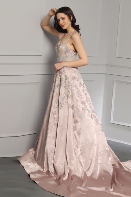 Baya_Beige Satin, Viscose Crystals, Pearls, Cut Dana Floral Embroidered Trail Gown _at_Aza_Fashions