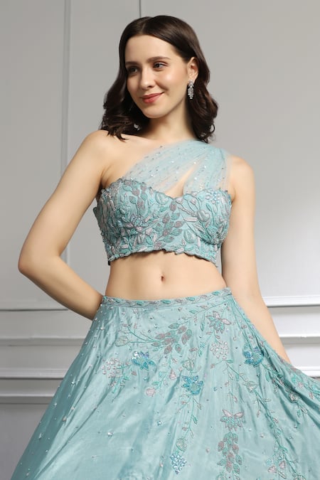 Baya_Blue Silk, Net, Viscose Pearls, Embroidered Draped Blouse And Lehenga Set _Online_at_Aza_Fashions