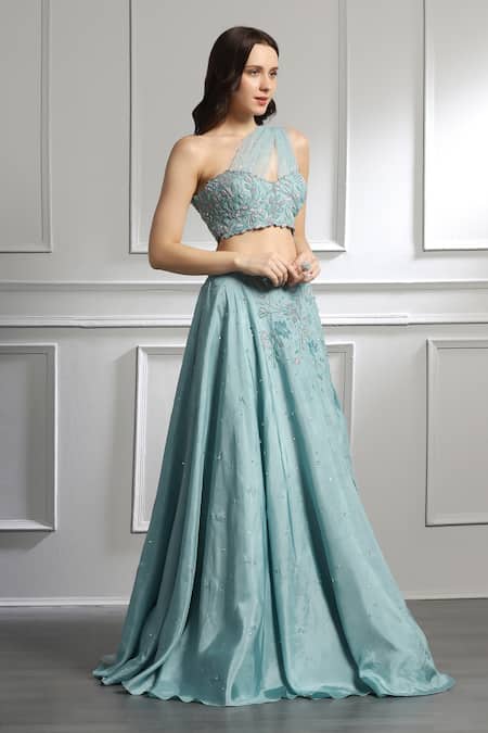 Shop_Baya_Blue Silk, Net, Viscose Pearls, Embroidered Draped Blouse And Lehenga Set _Online_at_Aza_Fashions