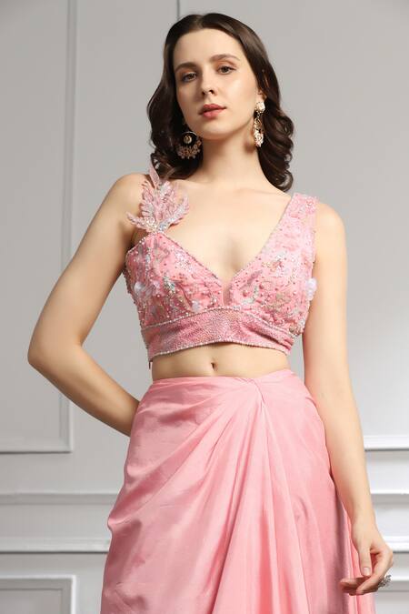 Baya_Pink Silk, Viscose Embroidery Plunge Neck Blouse And Draped Skirt Set _Online_at_Aza_Fashions