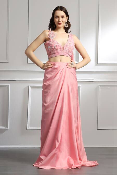 Shop_Baya_Pink Silk, Viscose Embroidery Plunge Neck Blouse And Draped Skirt Set _Online_at_Aza_Fashions