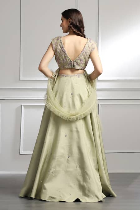 Shop_Baya_Blue Silk, Organza, Viscose, Net Beads, Floral Embroidered Blouse Lehenga Set _at_Aza_Fashions