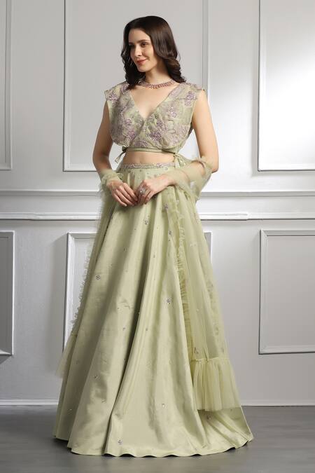 Baya_Blue Silk, Organza, Viscose, Net Beads, Floral Embroidered Blouse Lehenga Set _Online_at_Aza_Fashions