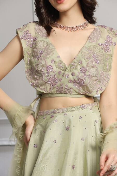 Buy_Baya_Blue Silk, Organza, Viscose, Net Beads, Floral Embroidered Blouse Lehenga Set _Online_at_Aza_Fashions