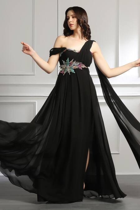 Baya_Black Georgette, Viscose Cut Work, Beads, Embroidered Pleated Draped Gown _Online_at_Aza_Fashions
