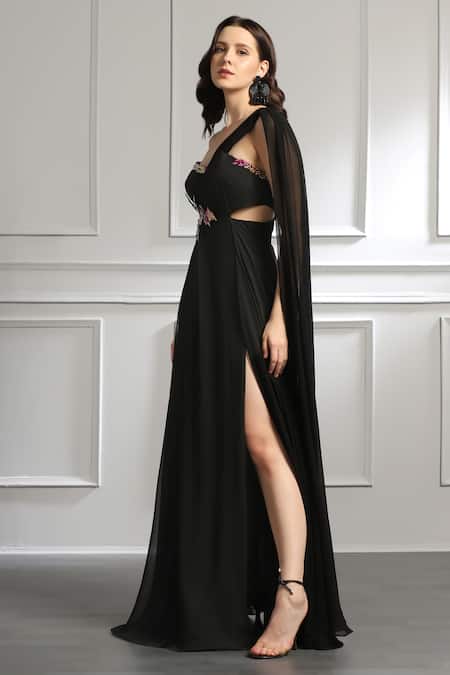 Buy_Baya_Black Georgette, Viscose Cut Work, Beads, Embroidered Pleated Draped Gown _Online_at_Aza_Fashions